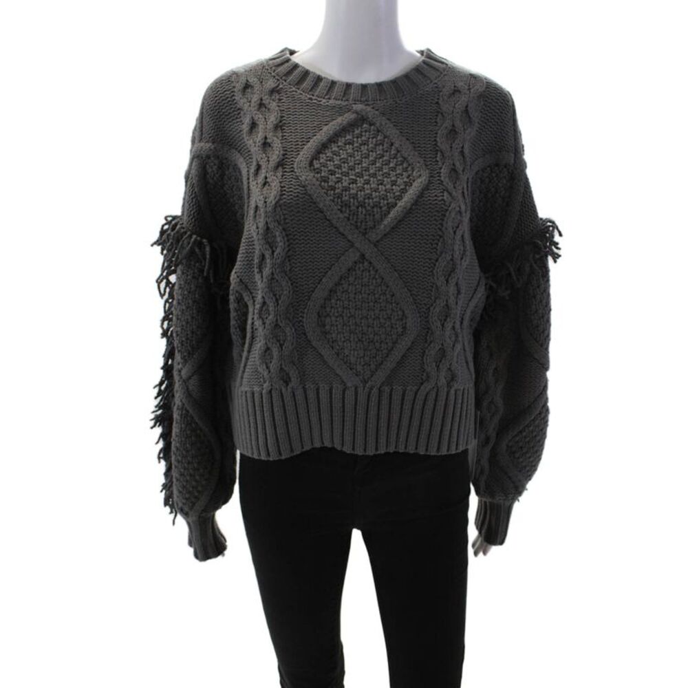 Line And Dot Womens Chunky Crochet Knit Fringe Cropped Sweater Gray Size Small